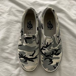 Grey Camo Slip on Vans, size 8.5 women or 7.0 men